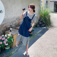 Yellwel 여름용 데님 원피스 캐주얼 복고풍 여성용 투피스 느낌의 스티치 디자인 DJP