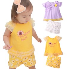 augelute 短袖套裝 蕾絲 小飛袖 花朵 星星 女寶寶 上衣 短褲 2件套