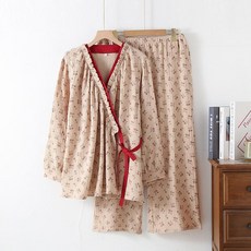 純棉雙層紗布和服睡衣 女士春秋季薄款復古印花家居服