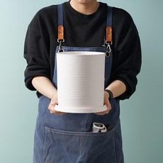 Morningscent 圓形線條塑膠花盆 + 托盤組, 白色, 1套