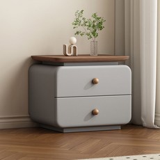 中古奶油風牀頭櫃小型牀邊櫃免安裝簡約家用現代新款臥室皮質收納, D24【實木框架+實木抽屜】木紋+淺灰:三抽30*40*58