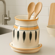 생활예찬 예쁜 빈티지 도자기 물빠짐 수저통 수저 꽂이 정리함, 1개, 녹색잎