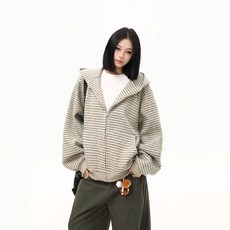 LOKEXING 여성 루즈핏 니트 스웨터 오버핏 데일리 데일리룩 니트 후드 흑백 스트라이프 맨투맨 후드집업