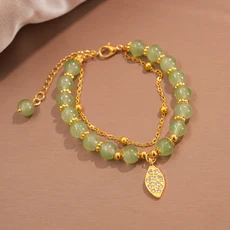 여성을위한 중국 스타일 녹색 옥 팔찌 절묘한 골드 컬러 잎 손목 스트랩 더블 체인 여자 선물, 01 Bracelet