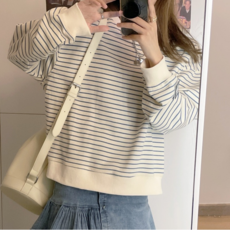 여성 루즈핏 자수 긴팔 맨투맨 기본면 스트라이프 티셔츠살구색 줄무늬