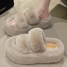 겨울 신발 여성 여성용 털 슬리퍼 고급스러운 플러시 부드럽고 푹신한 플랫폼 실내용 캐주얼 사보트 둥근 앞코