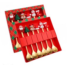 聖誕造型金色不鏽鋼湯匙禮盒組，可愛聖誕老人雪人湯匙，節慶餐桌擺飾，派對交換禮物首選, 金色, 1套