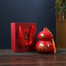 台灣暢銷 葫蘆茶葉罐禮盒 陶瓷哥窯汝窯紫砂 中號密封儲存罐 茶葉包裝盒 茶杯高檔, 葫蘆雙層茶葉罐【紅色】禮盒, 1個