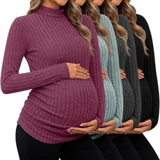 Huukeay 4팩 여성용 임산부 티셔츠 긴소매 모크 터틀넥 골지 임산부 탑 스웨터 사이드 주름 장식 엄마 의류 블랙 살구 커피 아미 그린 S