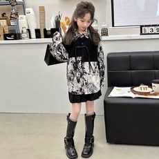 Olli kids 童裝女童襯衫 春秋新款中大童國風水墨畫襯衫