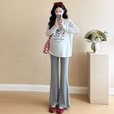 임산부 봄 가을 바지 세트 루즈핏 긴팔 티셔츠 + 도트 팬츠 세트 캐주얼 데일리룩 편안한 스타일 YLP