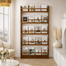 GOOD LIVE 도어형 벽걸이수납책장 원목 초슬림 다층 틈새책꽂이 어린이 그림책 잡지 정리선반, 5단, 원목 월넛브라운