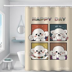防水浴簾 加厚免打孔門簾 浴室隔斷簾 萌寵柴犬比熊圖案 防水掛簾 厠所美甲店遮擋拉簾, 圖案6,200*200cm浴簾+掛環, 1個