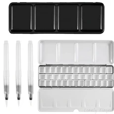 37 웰스 수채화 금속 상자 수채화 물감 예술가 및 애호가를 위한 3개의 물 붓 포함 뚜껑이 있는 페인팅 팔, 02 Black