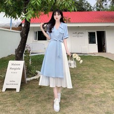 POMTOR 여성 여름 롱 데일리룩 오피스룩 반팔 A라인 밑단 빅사이즈 원피스