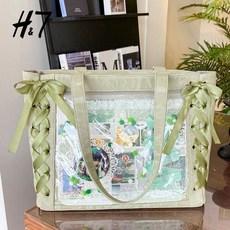 7絲帶痛包大容量綠色系單肩托特包，二次元穀子包包，桃園出貨，日常百搭，歡歡BB推薦, 綠色單包, 1個