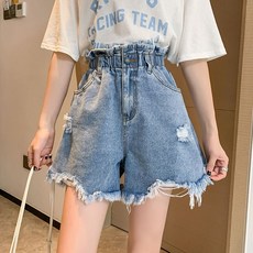 여성용 밴딩 빅사이즈 데님 반바지 하이웨스트 A라인 와이드 대미지 워싱 청바지