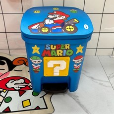 마리오 맥도날드 귀여운 캐릭터 페달 휴지통 쓰레기통, 블루11L+드라이빙 마리오세트+3D 물음표