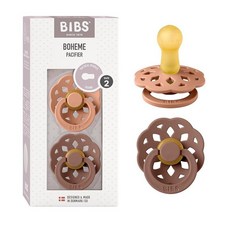 BIBS 젖꼭지 - Boheme 컬렉션 | BPA 프리 원형 젖꼭지 | 천연 고무 라텍스 | 덴마크산 | 아이보리/세이지 컬러 프리미엄 수더 2개 세트 | 사이즈 0-6개월, Size 2 | 6+ Month, 피치 / 우드척