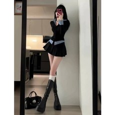 한국식 달콤하고 매운 스타일 여성용 초봄 대학 스트라이프 패치워크 셔츠 스커트 투피스 세트 패셔너블하고 시크한