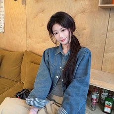 투니스 여성 패션 루즈핏 빈티지 스플라이싱 데님 셔츠