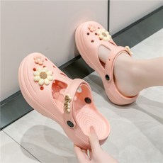 DFMEI 夏季厚底洞洞鞋果凍沙灘鞋少女花園學生平底耐滑包頭拖鞋涼鞋女, 5590-太陽花粉色:40-41, 1個