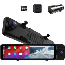 11인치 후방 영상 미러 트리플 채널 대시캠 터치스크린 카플레이 및 안드로이드 오토 앱 와이파이 FM 3방향 기록기 차량용 블루투스 간편 설치 GPS G센서 64기가바이트 카드