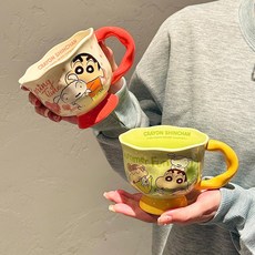 귀여운 크레용 신짱 도자기 머그컵 사무실 커피 우유컵 생일 선물, 1개, 레이스 2개 세트 화이트포옹+서머그린