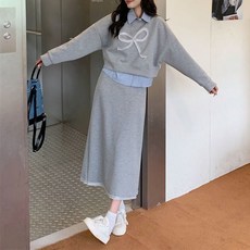 슬림소녀 여성용 셔츠넥 긴팔 맨투맨 롱 스커트 투피스 캐주얼 원피스 세트