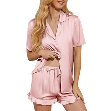 Lanyoshe 여성용 실크 파자마 새틴 여성용 파자마 세트 반소매 세트 투피스 잠옷 주황색. L 446748