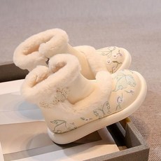 女童新年漢服鞋兒童靴子2025冬季新款馬面裙古風加絨棉鞋, 米色