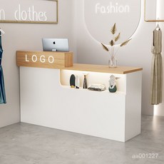 服裝店收銀台女裝小型吧台桌，簡約現代美容院前台圓弧櫃檯，多功能收納櫃檯接待檯, 木紋+白色+在裡看高台在左,160x50x100cm
