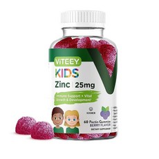 Viteey 아동용 아연 25mg - 면역 지원 강력한 천연 항산화 물질 어린이 아연 비타민 보충제 비건 젤라틴 프리 글루텐 프리 맛있는 츄어블 베리 맛 젤리, 60개 (1팩), 1개, 60