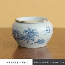 仿古青花桂花福祿建水茶渣罐 陶瓷水洗 茶道配件 功夫茶具, 古藍系列圓建水-銅錢桂花, 1個