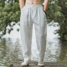 봄 가을 남성 린넨 팬츠 슬림핏 편안한 밴딩 배기 바지 캐주얼 하이웨이스트 남자 린넨 바지 CY