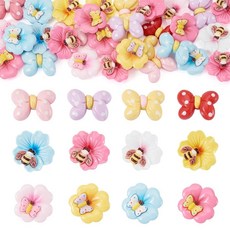 FASHEWELRY 60피스 로즈 플라워 레진 카보숑 컬러풀 플랫 백 스프링 3D 글리터 파우더 스크랩북 장식 헤어 클립 브로치 제작 폰 케이스 29x29x10mm 178275, 꽃 나비