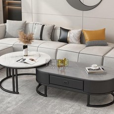 輕奢簡約現代橢圓形巖板茶幾組合，小戶型網紅北歐茶臺客廳家用，多功能大小茶几/書桌/邊几, 1個, 黑架+巖板70雪山白+50阿瑪尼灰,組裝