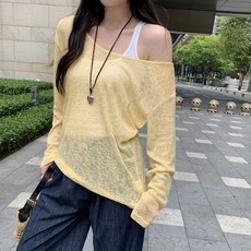 여유로운 스타일의 긴소매 반투명 자외선 차단 여성용 봄 노란색 니트 상의
