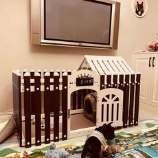 강아지 울타리 펜스형 하우스 아늑하고 편안한 실내외 강아지집 100x70x63cm, 1개, 브라운 울타리+화이트 문+반지붕