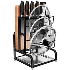 304不鏽鋼多功能鍋蓋砧板架，廚房收納好幫手，節省空間，穩固耐用，簡約時尚, G10黑色-鍋蓋架+筷筒+砧板架+刀架, 1個