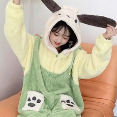 ROUGH DIA_졸리 동물 캐릭터 후드 극세사 원피스 잠옷