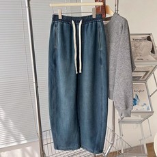 여성용 가을 겨울 빅사이즈 와이드 청바지 밴딩 스트레이트 기모 데님팬츠