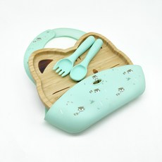 fairy Aqua Ocean Fairy 食品級竹製兒童餐具組 嬰幼兒輔食碗 圍兜 叉勺一套組 房屋造型, 四件套貓 - 竹餐盤叉勺圍兜, 1個
