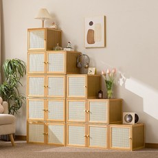 GOOD LIVE 다용도 수납장 원목 수납장 라탄 수납 선반 자취방/거실, 원목색