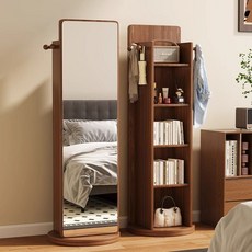 旋轉穿衣鏡 落地鏡 書架收納櫃 木質全身鏡 一體式立式試衣鏡, 胡桃色,36*165