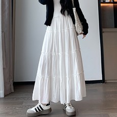 네모엔룩 맥시티어드 여성용 3단 캉캉 허리밴딩 A라인 나일론 주름 맥시 플레어 롱 스커트