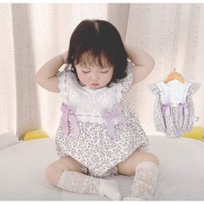 寶寶小碎花包屁衣 春夏季女童連體衣 蕾絲領口 蝴蝶結裝飾