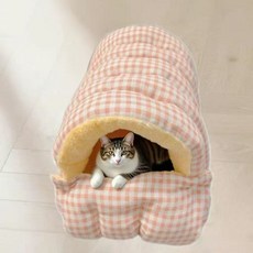 寵物必備好物棊盤格貓窩冬季保暖封閉式寵物窩安全感貓牀小型犬狗窩寵物窩保暖寵物窩, 1個, 粉白格[水蜜桃睡袋窩],大號[推薦15斤內寵物], 粉白格