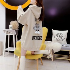 여성 캐릭터 프린트 롱 후드 맨투맨 티셔츠 빅사이즈 빅포켓 기모 두툼한 하프 원피스