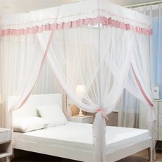 올샵 체크 커튼형 침대 모기장 180x200cm 핑크 더블 침대 모기장